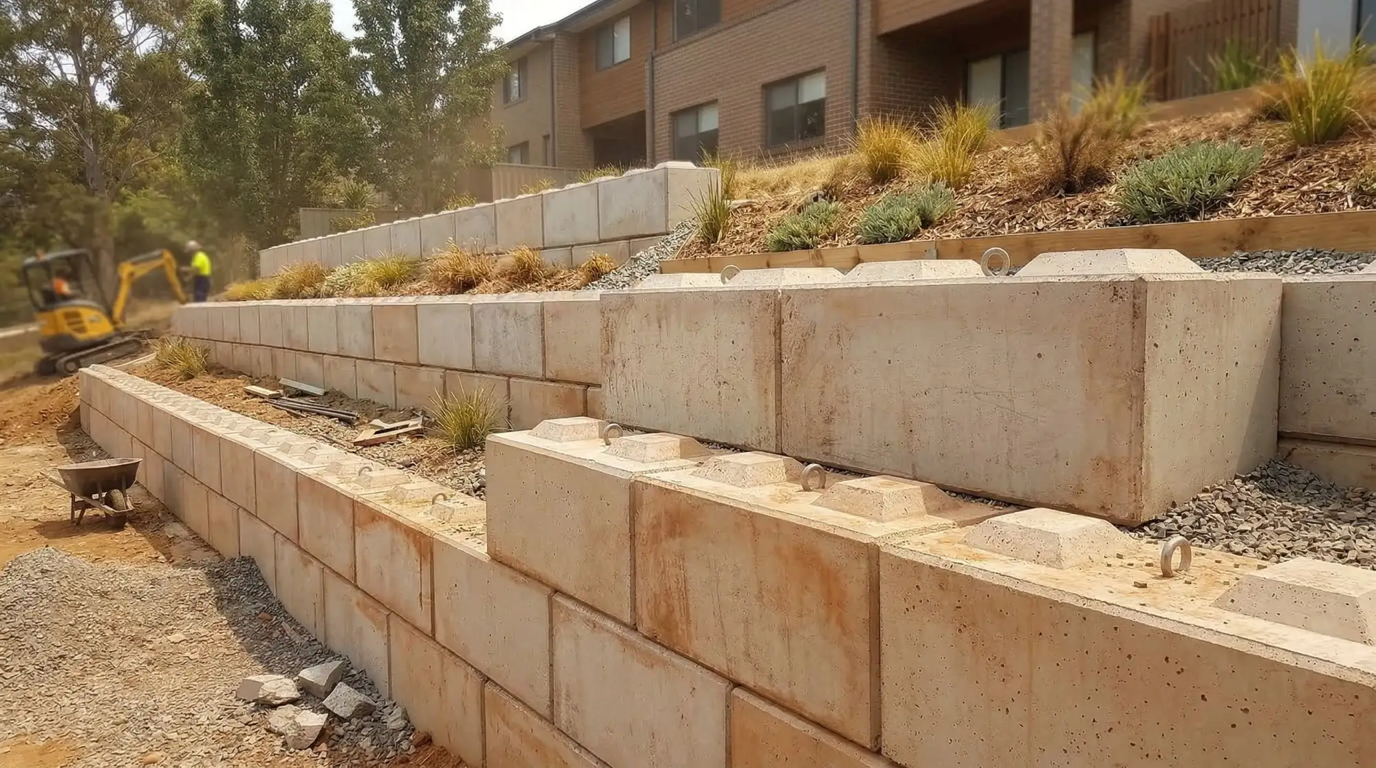 Symon interlocking concrete blocks used to form a retaining wall