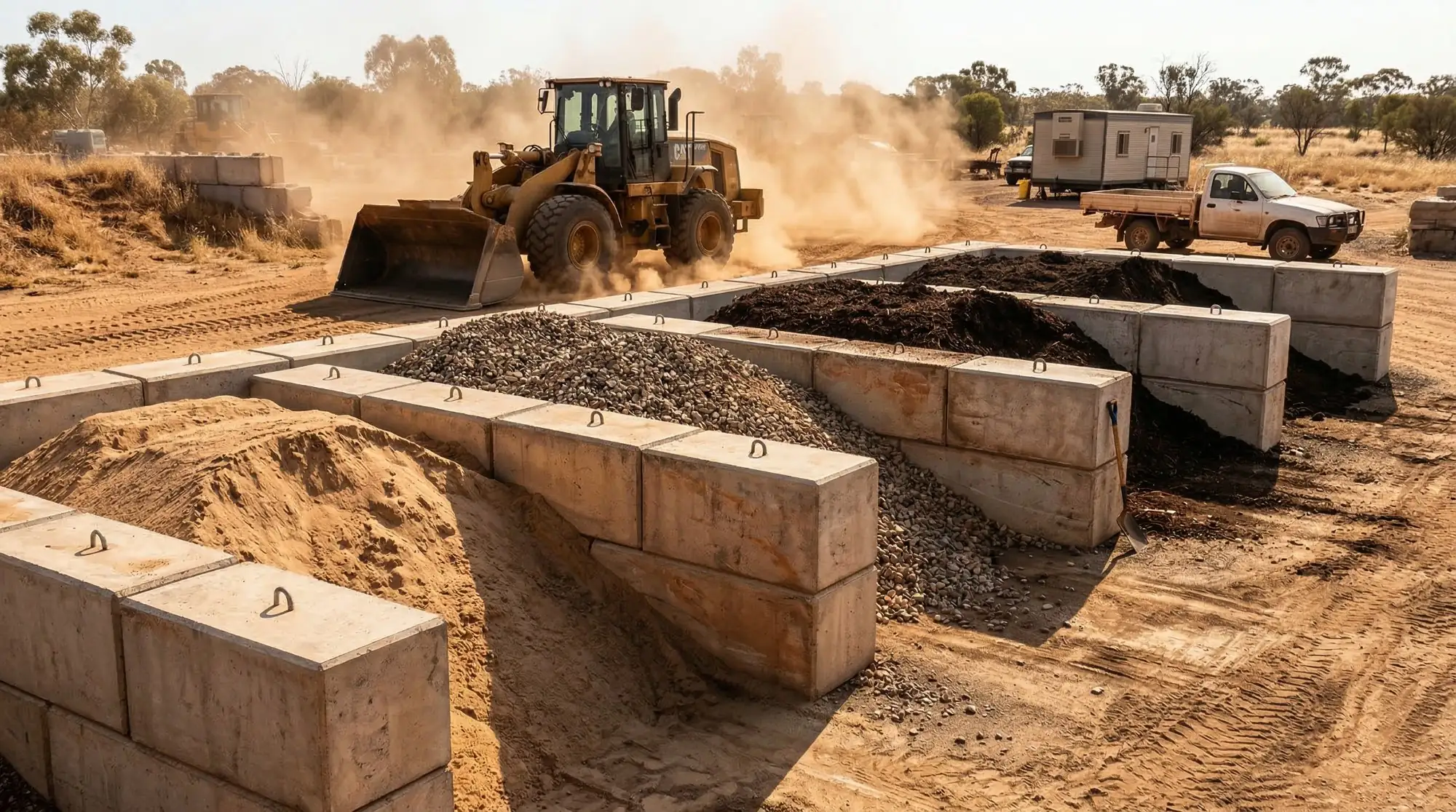 Symon concrete blocks arranged as material storage bays