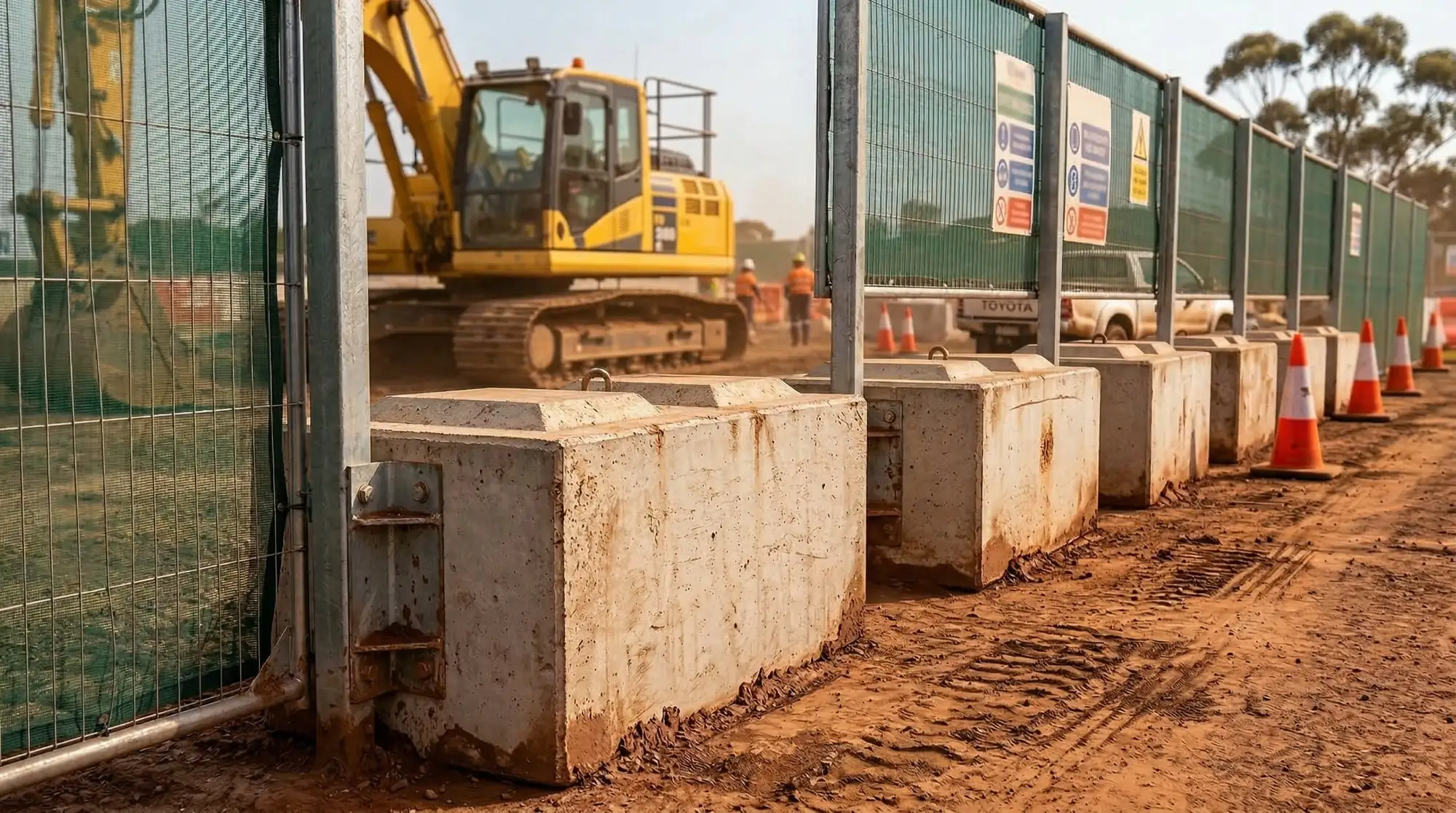 Symon concrete blocks supporting temporary site hoarding
