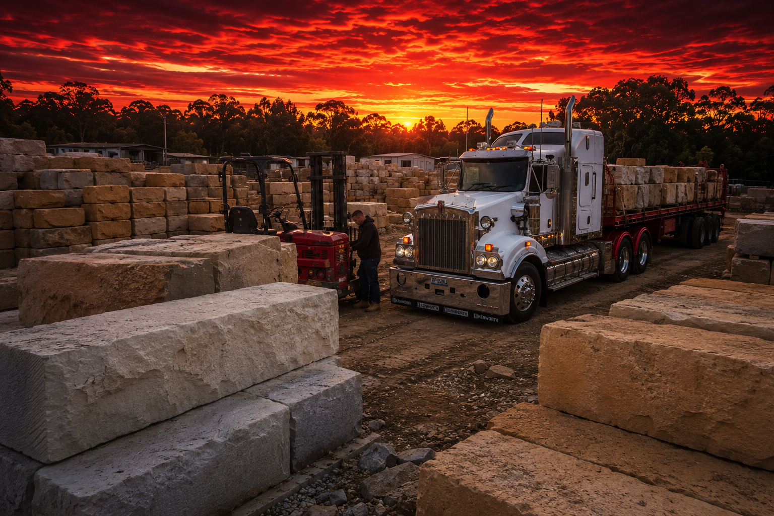 Sandstone yard at sunset with blocks loaded onto a truck for delivery