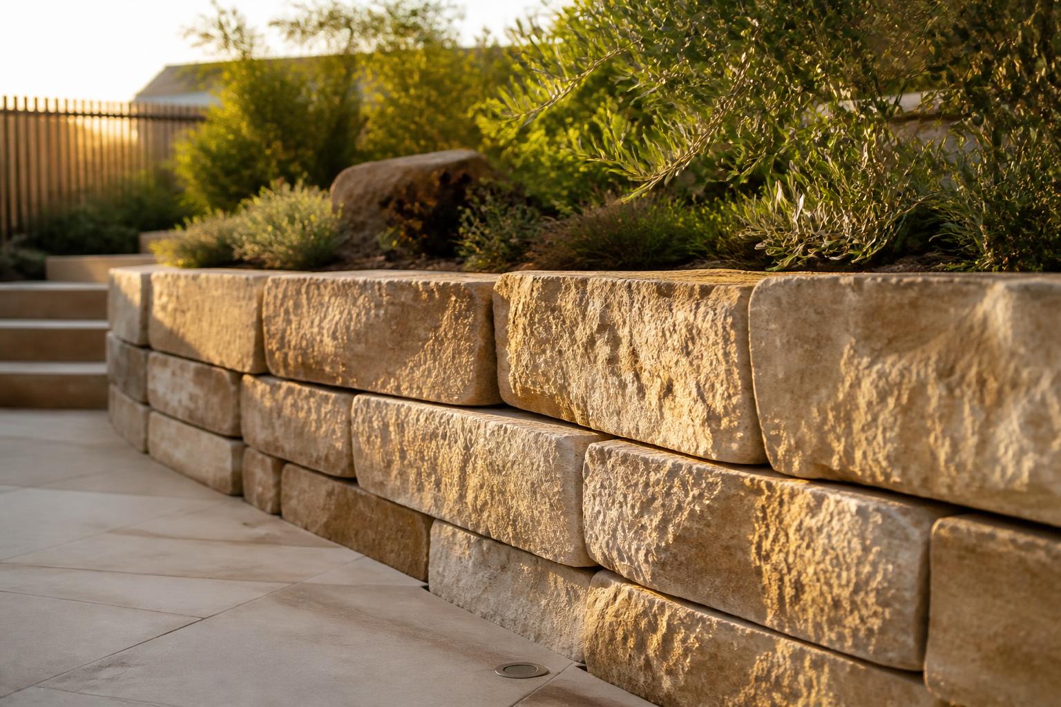 Finished stacked sandstone retaining wall in a landscaped garden